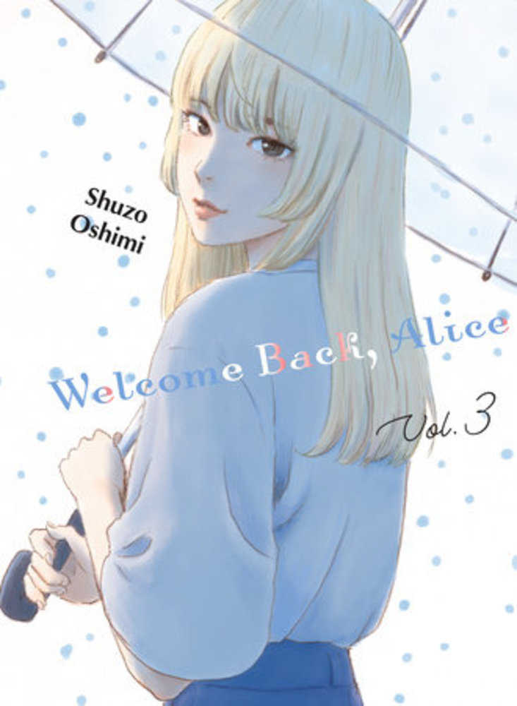 Manga-style book cover of Welcome Back Alice featuring character in blue sweater, blonde hair