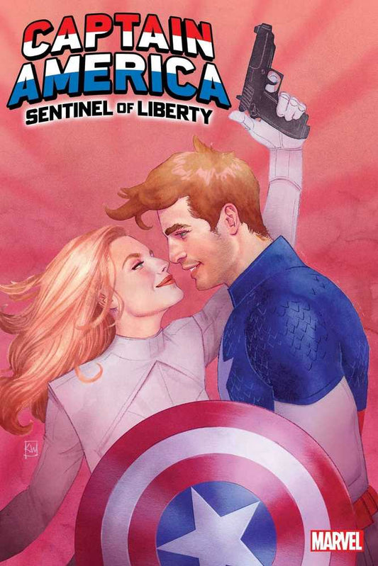 Comic book cover art of Captain America featuring a romantic scene and his shield