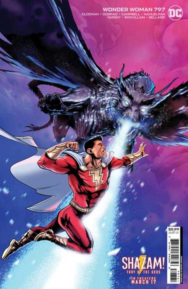 Comic book cover of Shazam battling a dragon, featured in Wonder Woman trading cards