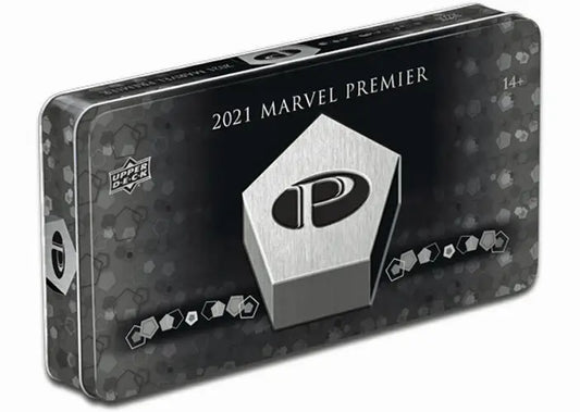 Metallic tin box showcasing 2021 Marvel Premier with stylized P logo from Upper Deck Marvel