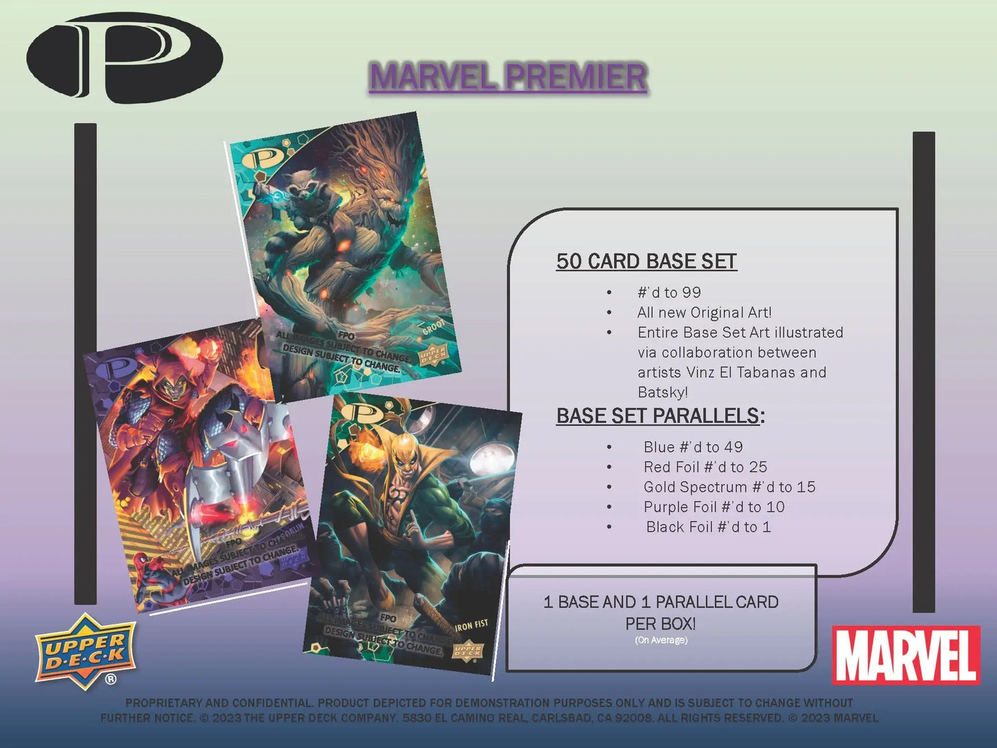 Advertisement card for Upper Deck Marvel Premier trading cards featuring superheroes