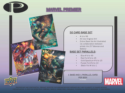 Advertisement card for Upper Deck Marvel Premier trading cards featuring superheroes