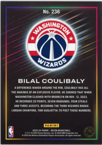 2023-24 Panini Recon Bilal Coulibaly Rookie Card for Washington Wizards NM-MT