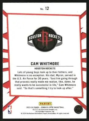 Cam Whitmore 2023-24 Donruss Optic Houston Rockets My House Basketball Card