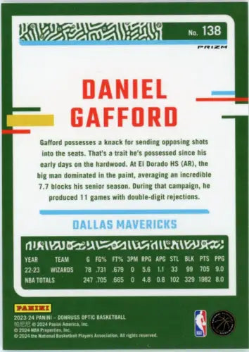 Basketball card back of 2023-24 Donruss Optic Holo Daniel Gafford Dallas Mavericks