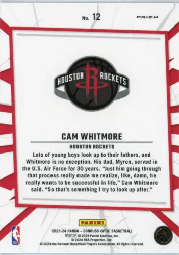 2023-24 Donruss Optic My House Purple Cam Whitmore Rookie Rockets Card NM-MT