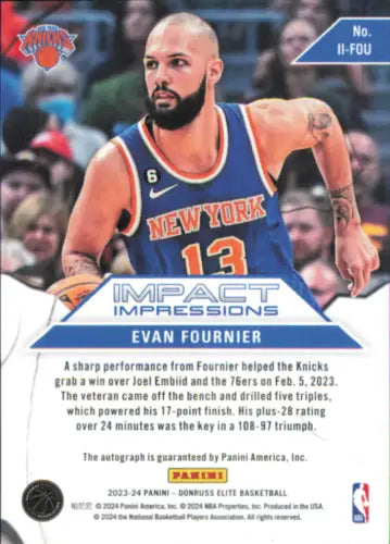 Evan Fournier basketball card from 2023-24 Elite Impact Impressions New York Knicks