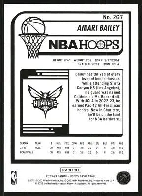 Back of 2023-24 Hoops Purple Amari Bailey Rookie Charlotte Hornets basketball card