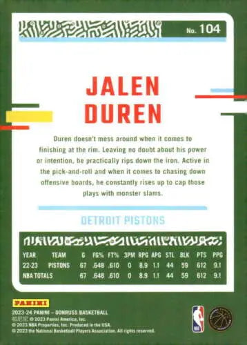 Basketball card back of 2023-24 Donruss Jalen Duren, original gloss finish, Pistons