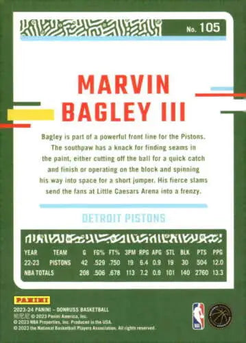 Basketball card back of 2023-24 Donruss Marvin Bagley III with original gloss finish