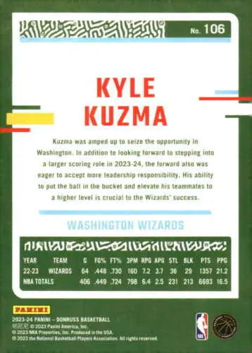 Kyle Kuzma basketball card 2023-24 Donruss #106 NM-MT Wizards with original gloss