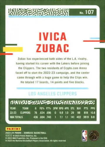 Ivica Zubac basketball card from 2023-24 Donruss with original gloss and Clippers details