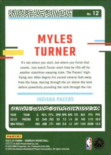 Myles Turner basketball card from 2023-24 Donruss with original gloss finish by Simply Sandoval