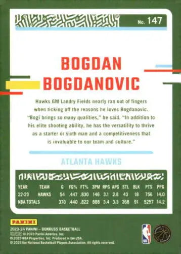 Basketball card back of 2023-24 Donruss Bogdan Bogdanovic original gloss Hawks