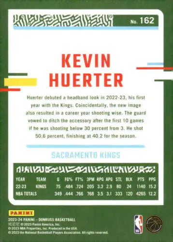 Kevin Huerter basketball card from 2023-24 Donruss NM-MT, showcasing original gloss for Sac Kings