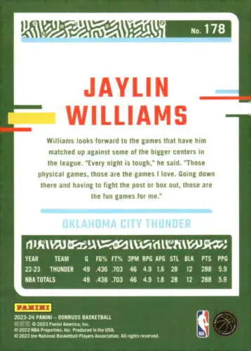 Jaylin Williams basketball card from 2023-24 Donruss with original gloss finish