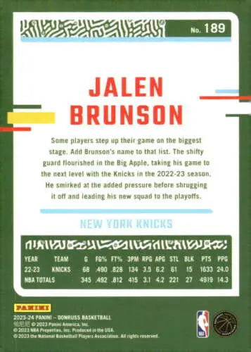 Jalen Brunson 2023-24 Donruss #189 basketball card with original gloss Knicks design