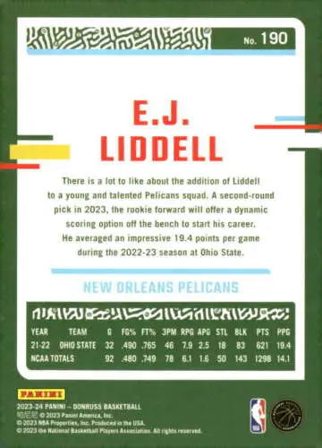 E.J. Liddell basketball card 2023-24 Donruss NM-MT Pelicans original gloss collectible