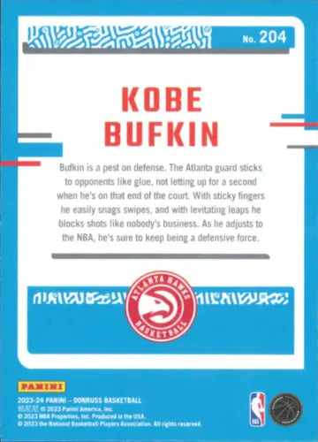 Kobe Bufkin Rookie 2023-24 Donruss #204 Atlanta Hawks Basketball Card NM-MT