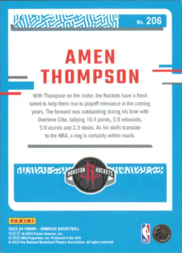 Amen Thompson Rookie Houston Rockets Basketball Card 2023-24 Donruss #206 NM-MT