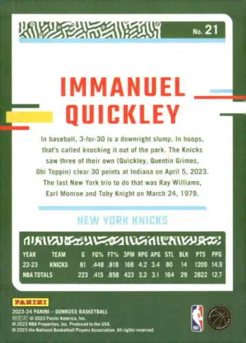 2023-24 Donruss Immanuel Quickley basketball card featuring original gloss finish