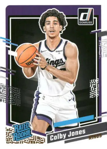 Colby Jones basketball card, 2023-24 Donruss Rated Rookie, original gloss, Rookie Sac Kings