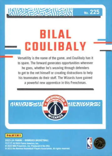 Basketball card back of 2023-24 Donruss Bilal Coulibaly Rookie Wizards Rated Rook