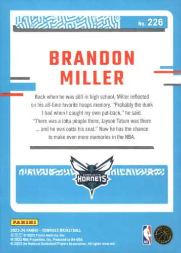 Brandon Miller 2023-24 Donruss Rookie Hornets card with original gloss finish