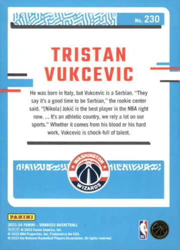 Tristan Vukcevic basketball card 2023-24 Donruss Rookie Wizards original gloss NM-MT