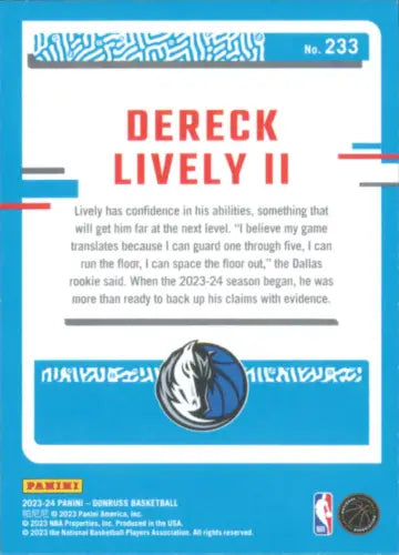 Derek Lively II Rookie basketball card from 2023-24 Donruss Dallas Mavericks