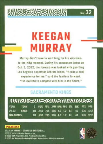 Keegan Murray basketball card from 2023-24 Donruss with original gloss for Sac Kings collectors