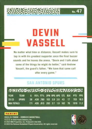 Basketball card back of 2023-24 Donruss Devin Vassell NM-MT Spurs Simply Sandoval