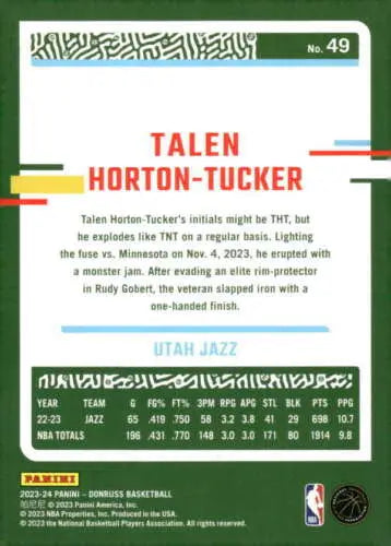 Basketball card back of 2023-24 Donruss Talen Horton-Tucker NM-MT Jazz original gloss