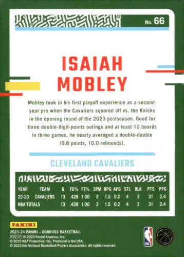 Isaiah Mobley basketball card featuring original gloss from 2023-24 Donruss Cavaliers