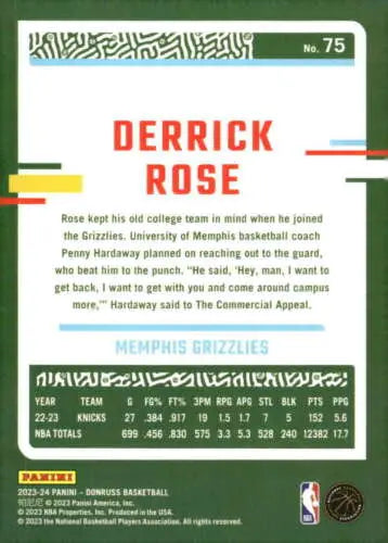 Derrick Rose basketball card 2023-24 Donruss #75 NM-MT Grizzlies original gloss Simply Sandoval