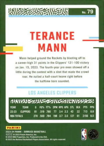 Terance Mann basketball card 2023-24 Donruss NM-MT Clippers original gloss Simply Sandoval