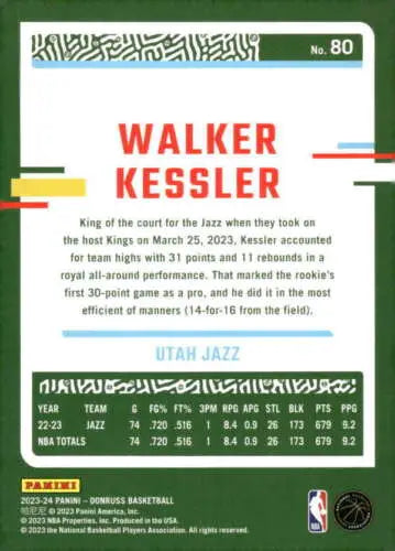 Walker Kessler basketball card 2023-24 Donruss NM-MT Jazz original gloss Simply Sandoval