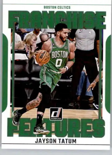 Jayson Tatum basketball card from 2023-24 Donruss Franchise Features with original gloss