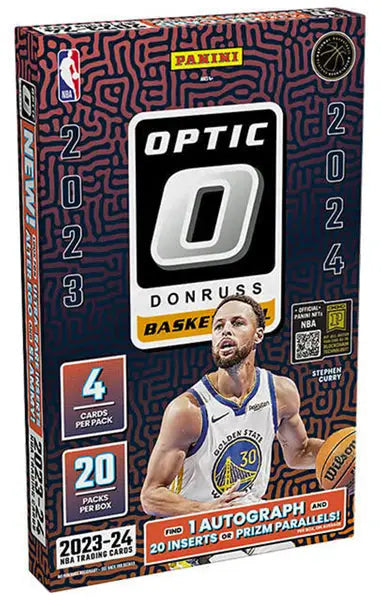 2023-24 Donruss Optic Basketball box featuring a Golden State Warriors player