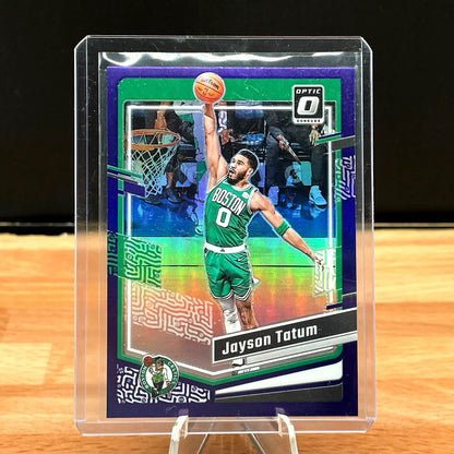 Jayson Tatum basketball card from 2023-24 Donruss Optic Basketball Purple Prizm #140