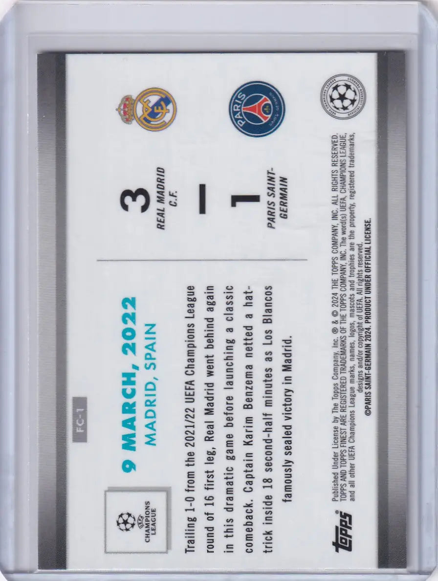 Back side of a trading card showcasing match details for 2023-24 Finest Combacks Real Madrid vs PSG