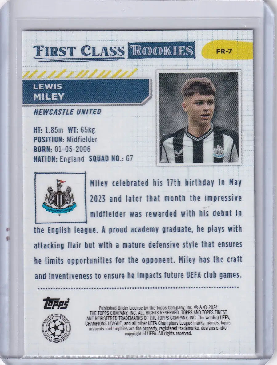 Soccer trading card of Lewis Miley in Newcastle United black and white jersey