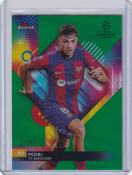 Colorful 2023-24 Finest Green #36 Pedri trading card featuring FC Barcelona player