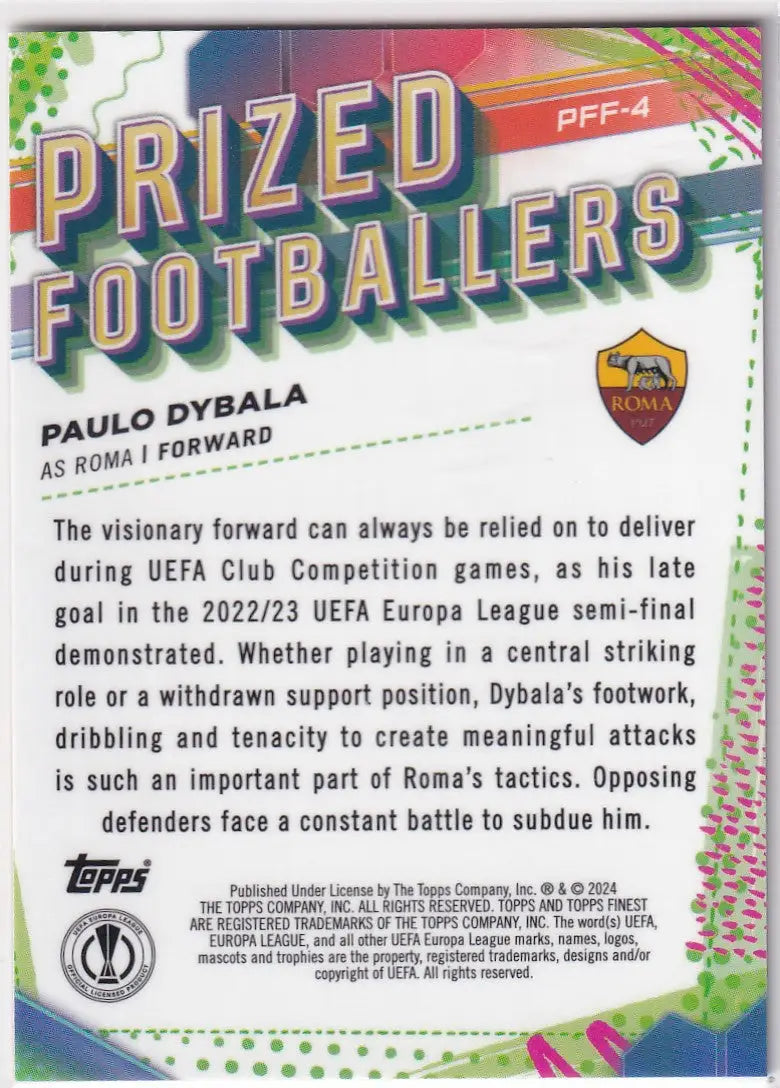 Trading card of Paulo Dybala from AS Roma, part of the Finest Prized Footballers Fusion