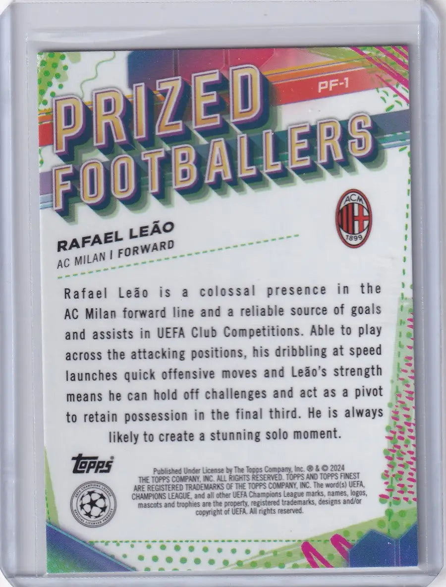 AC Milan forward Rafael Leão trading card from Finest Prized Footballers collection