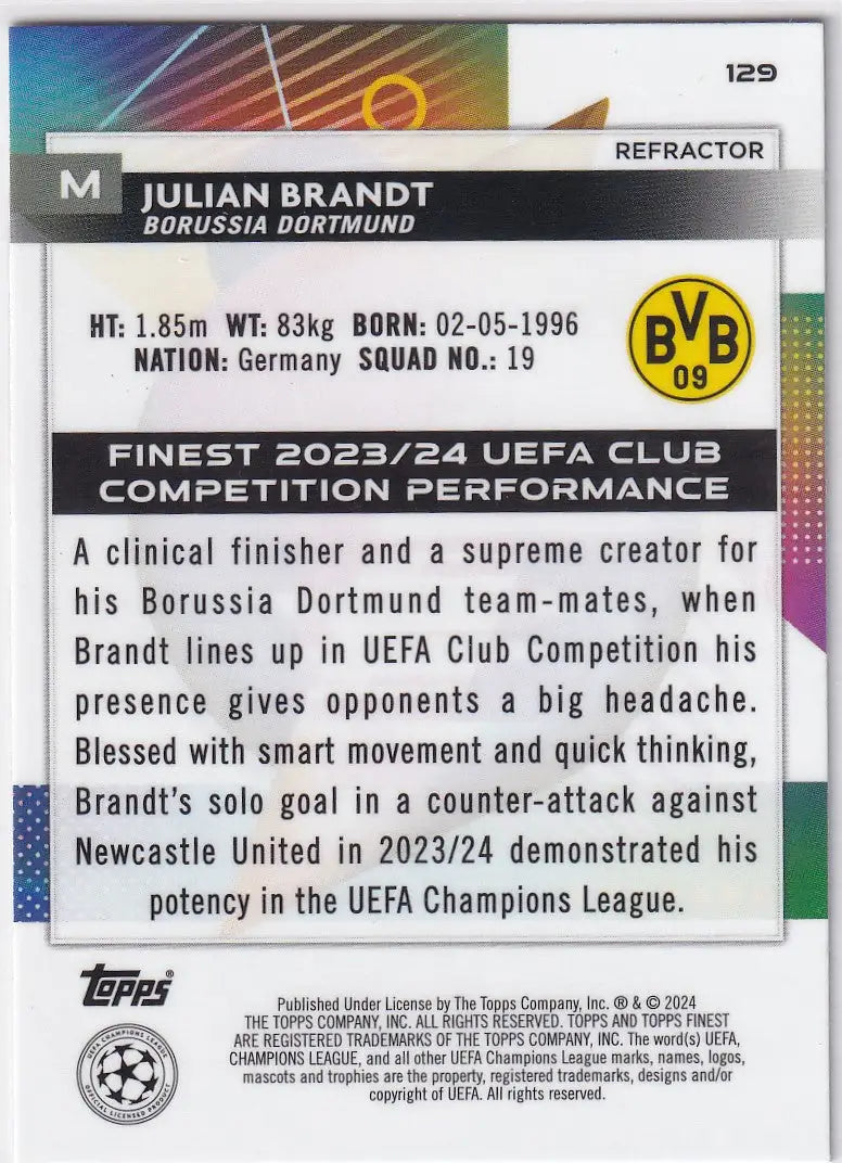 Finest Refractor card featuring Julian Brandt from Borussia Dortmund 2023-24 collection