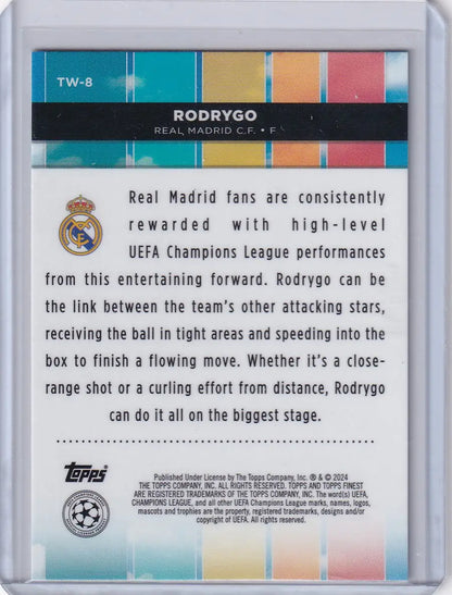 Soccer trading card featuring Rodrygo - Real Madrid with elite playing ability details