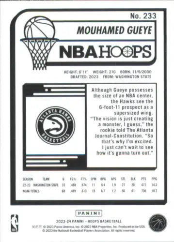 Mouhamed Gueye Rookie Atlanta Hawks Basketball Card from 2023-24 Hoops NM-MT