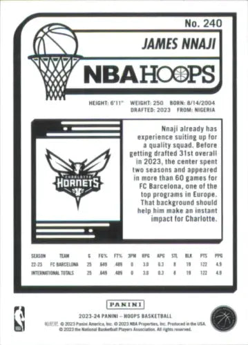 James Nnaji Rookie card from 2023-24 Hoops, featuring Charlotte Hornets player