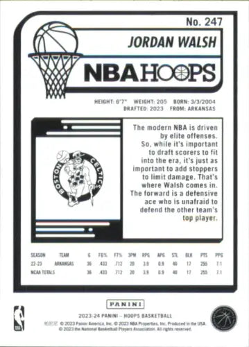 Jordan Walsh Rookie Boston Celtics Basketball Card from 2023-24 Hoops #247